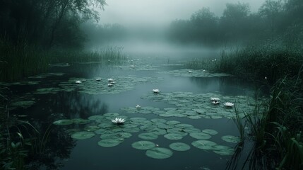Misty Forest Pond with Lily Pads and White Water Lilies