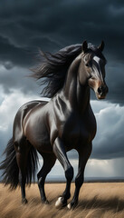 Fototapeta premium Powerful Black Stallion Against Stormy Sky – Muscular Form, Flowing Mane Reflects Storm's Energy, Violent Wind-Swept Grass, and Dramatic Sky Create a Portrait of Untamed Beauty