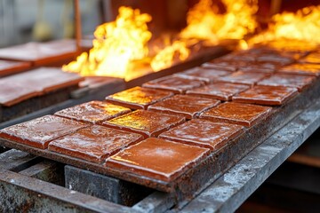 Close-up of Glazed Tiles Drying on Metal Rack with Flames in Background