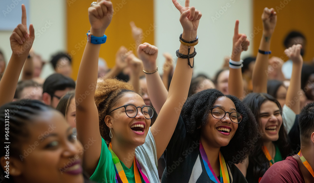 Poster diverse group of students raising hands in a lecture hall