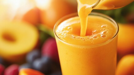 A close-up of orange smoothie being poured into a glass, with fresh fruit surrounding the drink.
