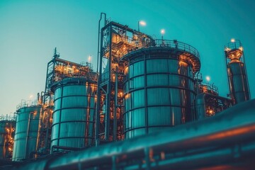 Obraz premium Industrial Complex with Large Cylindrical Tanks at Dusk
