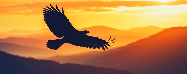 Silhouette of an eagle flying over mountains