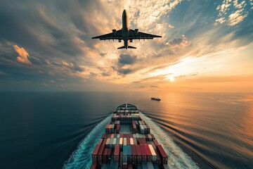 Cargo plane over container ship  a stunning view of global import and export logistics at sea