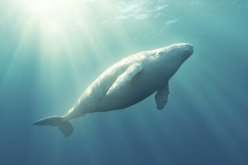 Fototapeta premium The Ambulocetus, a walking whale, gracefully explores the shallow waters beneath a bright sun, showcasing its unique adaptation to a life partially on land.