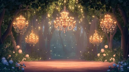 Fairy tale forest path with glowing chandeliers, illuminated flowers, magical ambiance
