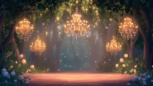 Fairy tale forest path with glowing chandeliers, illuminated flowers, magical ambiance