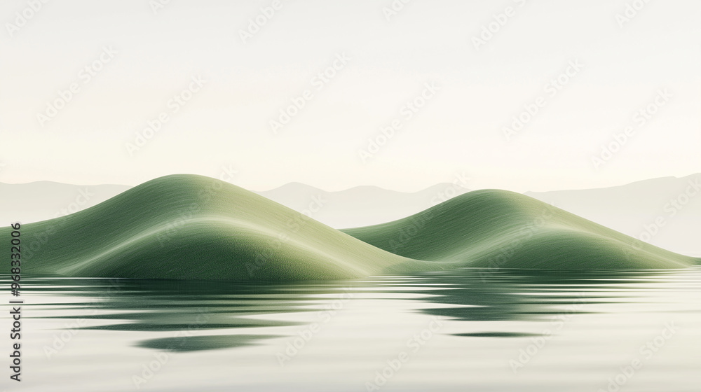 Poster green abstract hills emerging from water surface with hazy mountains background