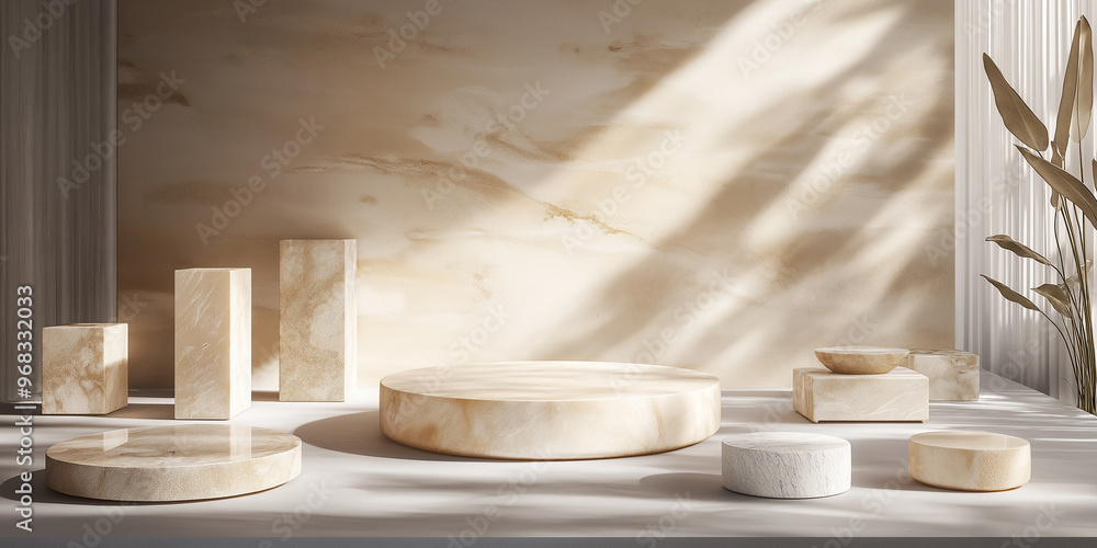 Aufkleber Empty round and square stone podiums displaying products on light background with sunlight from window