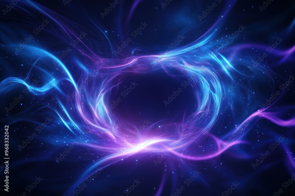 Poster a dynamic swirl of blue and purple light creating a mesmerizing cosmic effect on a dark background, 