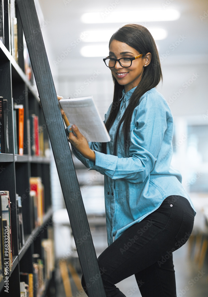 Aufkleber woman, college student and happy on bookshelf with ladder for text book and research with notebook. 