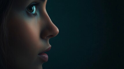 Fototapeta premium A profile shot of a young woman with striking features and deep, expressive eyes.