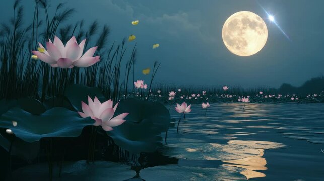 lotus flowers that grow beautifully on the edge of the lake. seamless looping time-lapse virtual 4k video Animation Background.