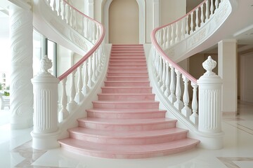 Fototapeta premium White and pink marble staircase in an opulent villa lobby.