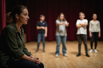 A woman appears deep in thought while seated, observing four children rehearsing a performance on a theater stage, suggesting a learning or mentoring environment.