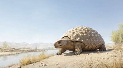 Fototapeta premium Glyptodon Armored Mammal foraging along a Riverbank Under a Clear Sky