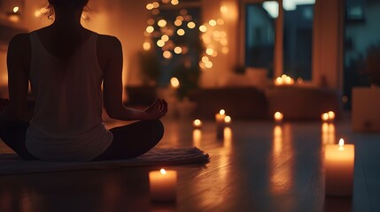 A tranquil stock photo of a person meditating in a softly lit room, with candles placed around the space.
