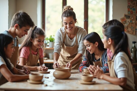 A group of children and a teacher enjoying a pottery class, where the teacher is demonstrating pottery techniques in a bright, sunlit room filled with creative energy.