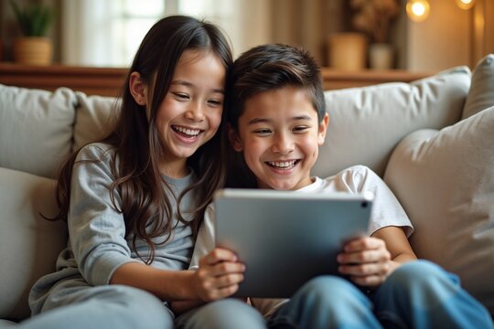 Two happy children are sitting on a cozy sofa in a living room, smiling and sharing a moment of joy while looking at a tablet, surrounded by a warm, inviting atmosphere.