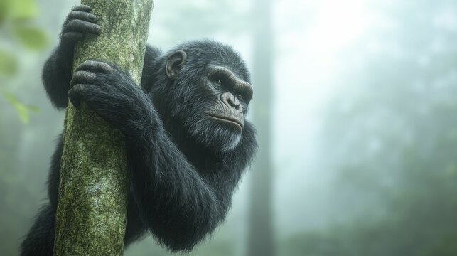 A massive Gigantopithecus ascends a tree, showcasing its strength amid the vibrant foliage of a thriving jungle ecosystem.