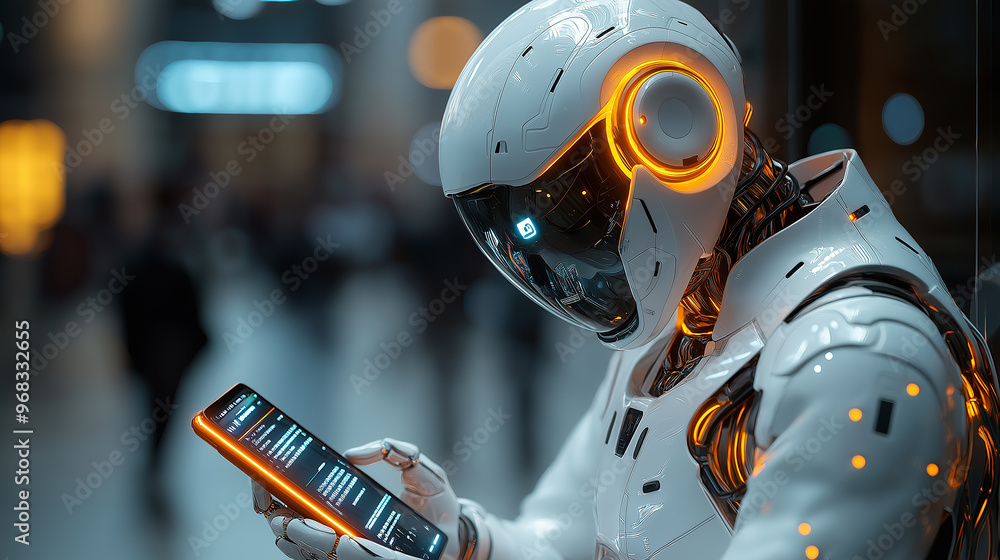 Poster white and orange futuristic robot using smartphone in public transport