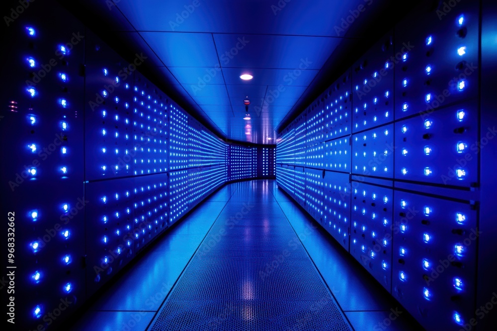 Poster a futuristic hallway illuminated by vibrant blue lights, creating a mesmerizing visual effect in a m