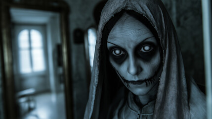 Scary ghost woman wearing hood standing in haunted house