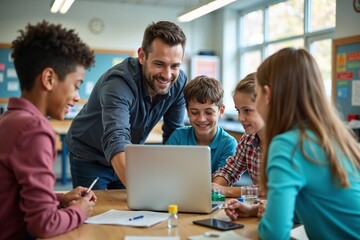 A teacher interacts with young students gathered around a laptop, fostering collaboration and learning in a classroom environment, highlighting educational engagement and teamwork.