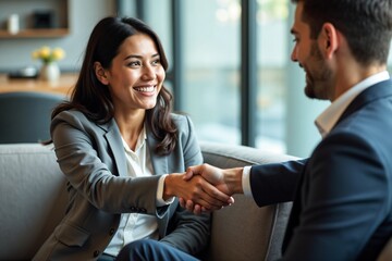 A woman and a man are shaking hands while smiling, signifying a successful business agreement, collaboration, or partnership in a modern office setting.