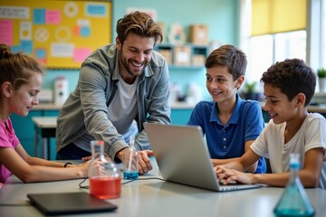 A teacher is aiding a group of curious students in an engaging science experiment, promoting teamwork and interactive learning in a bright, modern classroom setting.