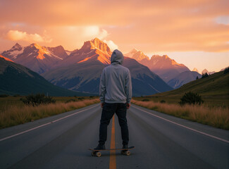 Person in a hoodie stands on a road with a skateboard, gazing at a sunset-lit mountain range. The scene captures tranquility and adventurer spirit in serene wilderness.