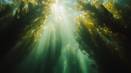 Obraz premium Sunlight Streaming Through Underwater Kelp Forest