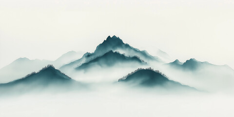 Low lying fog is flowing around a misty mountain range