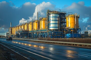 Obraz premium Industrial Complex with Yellow Tanks and a Wet Road