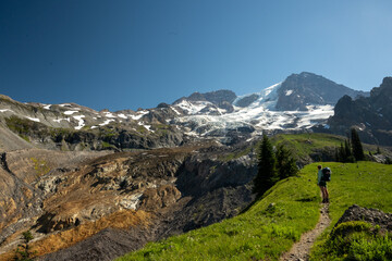 Hiker Pauses To Take In The View Of Mount Rainier And The Tahoma Glacier
