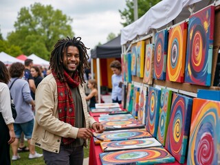 An artist with dreadlocks proudly displays his vibrant, abstract paintings at an outdoor market, engaging with potential buyers and sharing his passion for art and creativity.