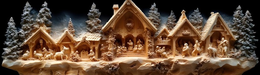Fototapeta premium A cozy winter village scene depicting a collection of charming wooden houses, nestled among snow-covered pine trees. 