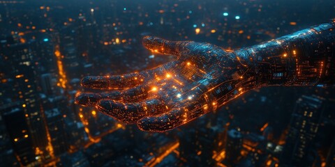 A Cyborg Hand Reaching Over a Cityscape