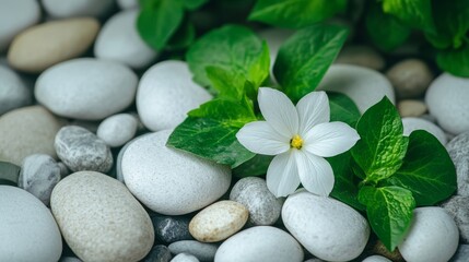 Fototapeta premium Carefully arranged white smooth pebbles with delicate green flowers in a minimalist style. Harmonious composition with pebbles and green leaves.