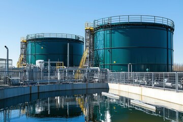 Obraz premium Two Large Industrial Storage Tanks with Reflections in Water