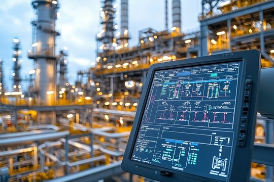 Industrial Control Panel with Blurred Refinery Background