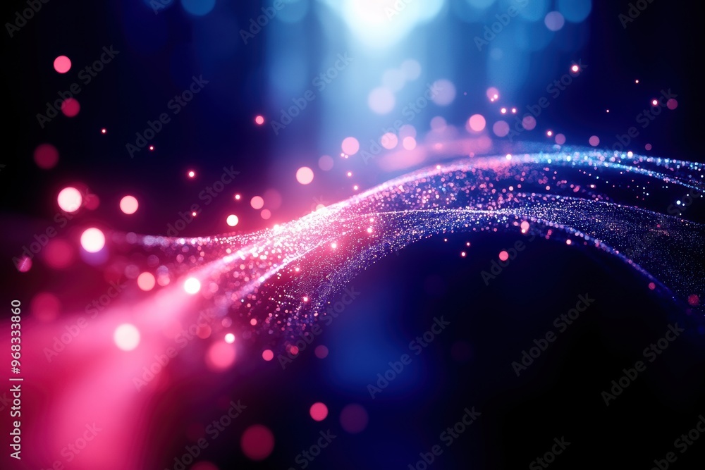Poster a mesmerizing blend of pink and blue lights creating a dynamic wave effect, perfect for backgrounds 