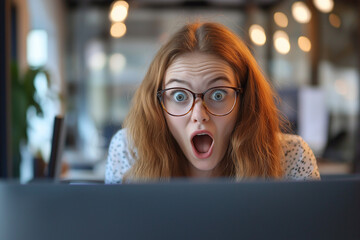 Shocked freelancer woman working on laptop computer in office