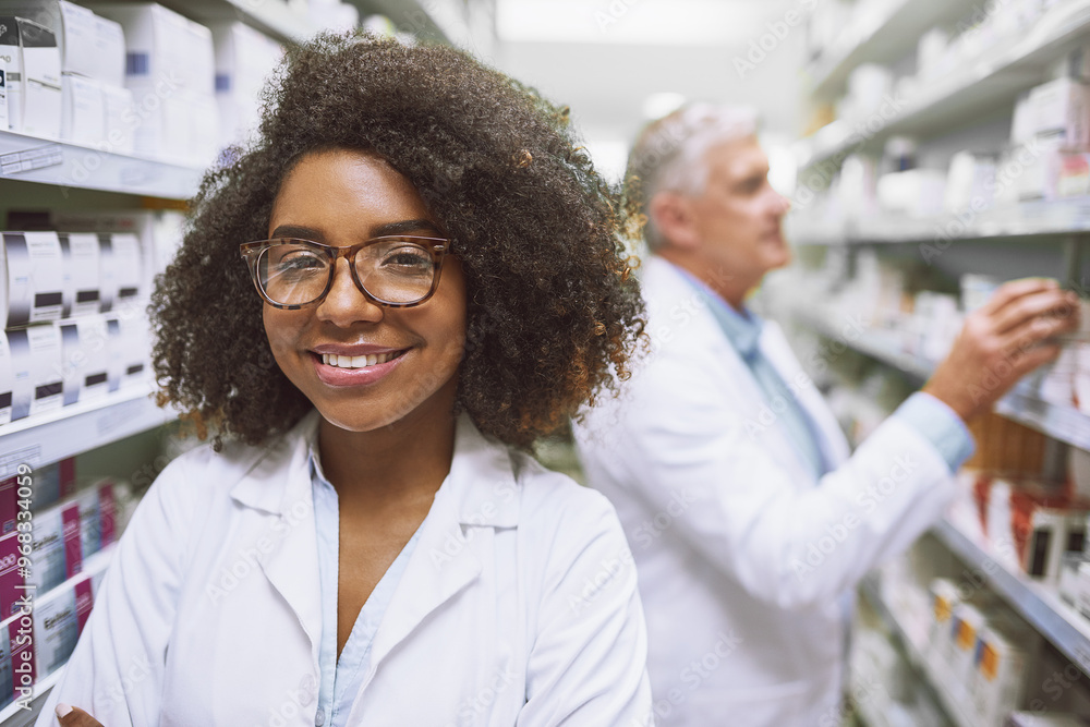 Canvas Prints Black woman, smile and pharmacist portrait in pharmacy with confidence for medical and healthcare job. Wellness, professional and pills dispensary with worker and shelf packing for inventory check