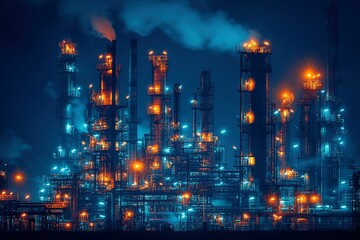 Naklejka premium A Night View of a Refinery with Illuminated Towers and Pipes