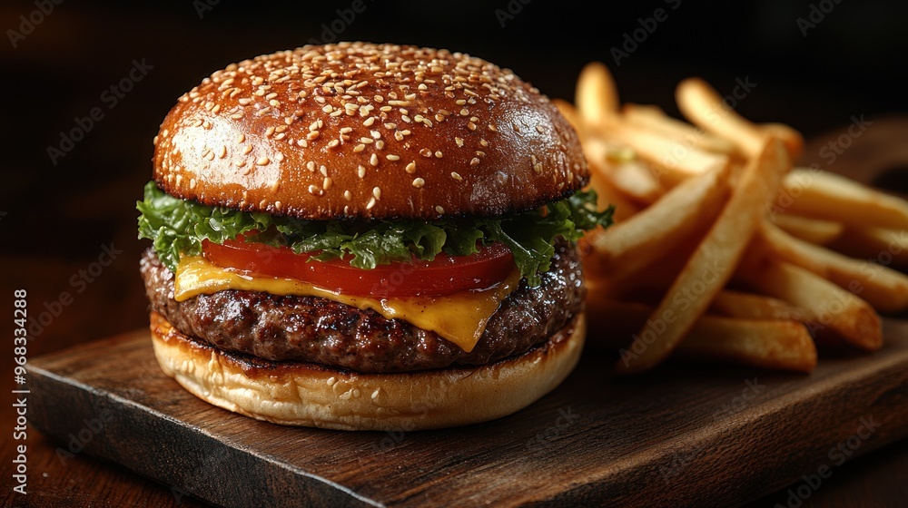 Wall mural juicy cheeseburger and golden fries