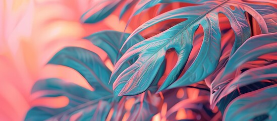 Vibrant Monstera Leaves in Tropical Jungle Foliage with Color Tones  Closeup of a vibrant and lush monstera plant with large green leaves against a colorful abstract background