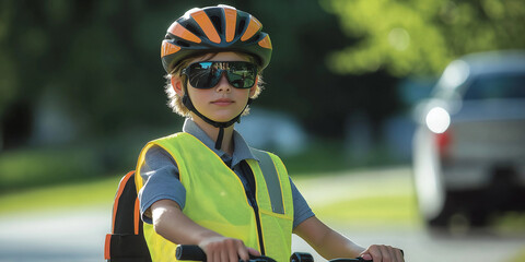 Young boy wearing safety gear riding a bicycle in the suburbs