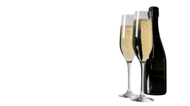 Glasses and bottle of champagne on transparent background