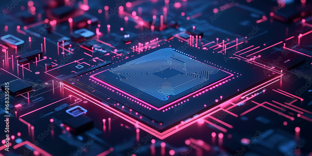 Poster modern cpu processing data with blue and pink lights